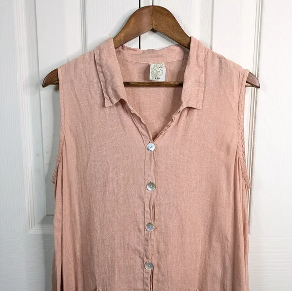 Match Point USA Linen Tunic Top Large Peach Asymmetrical Button Lagenlook - Picture 3 of 11